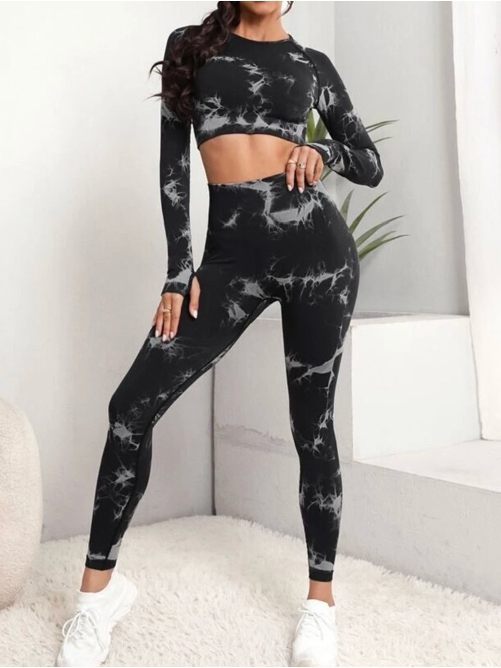 Women’s High-Waist Tie-Dye Leggings Long Sleeve Seamless Set Black NEW L Large